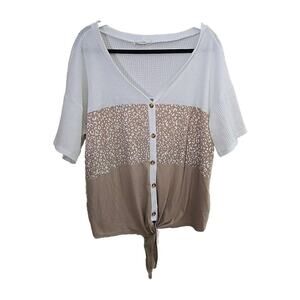 Above & Beyond Tan V-Neck Waffle Knit Front Tie Short Sleeve Top Womans Size 3X